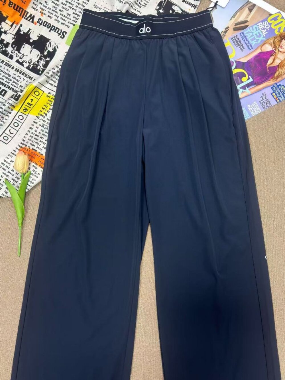 ALO Yoga Navy Wide Leg Pants with Logo Waistband